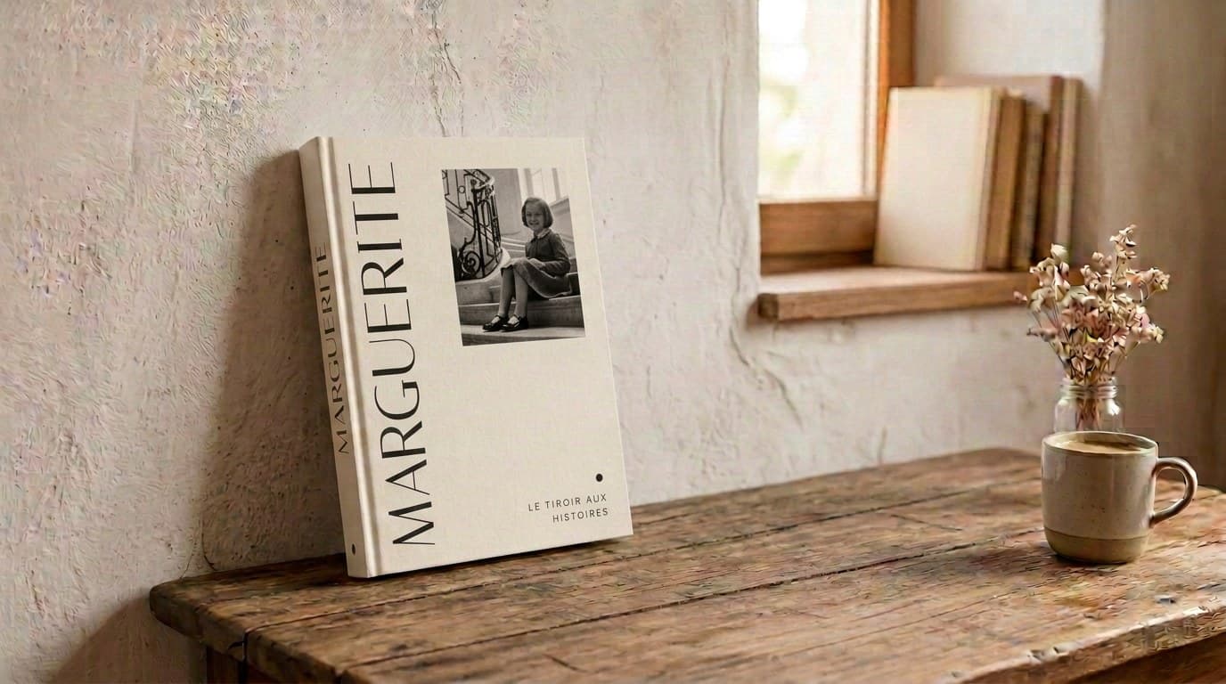 Livre relié ivoire debout contre un mur clair, près d'une fenêtre