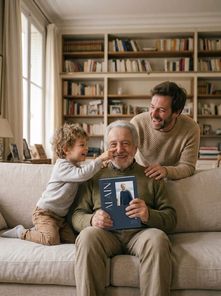 Trois générations rient ensemble autour du livre « Alain », dans le salon familial
