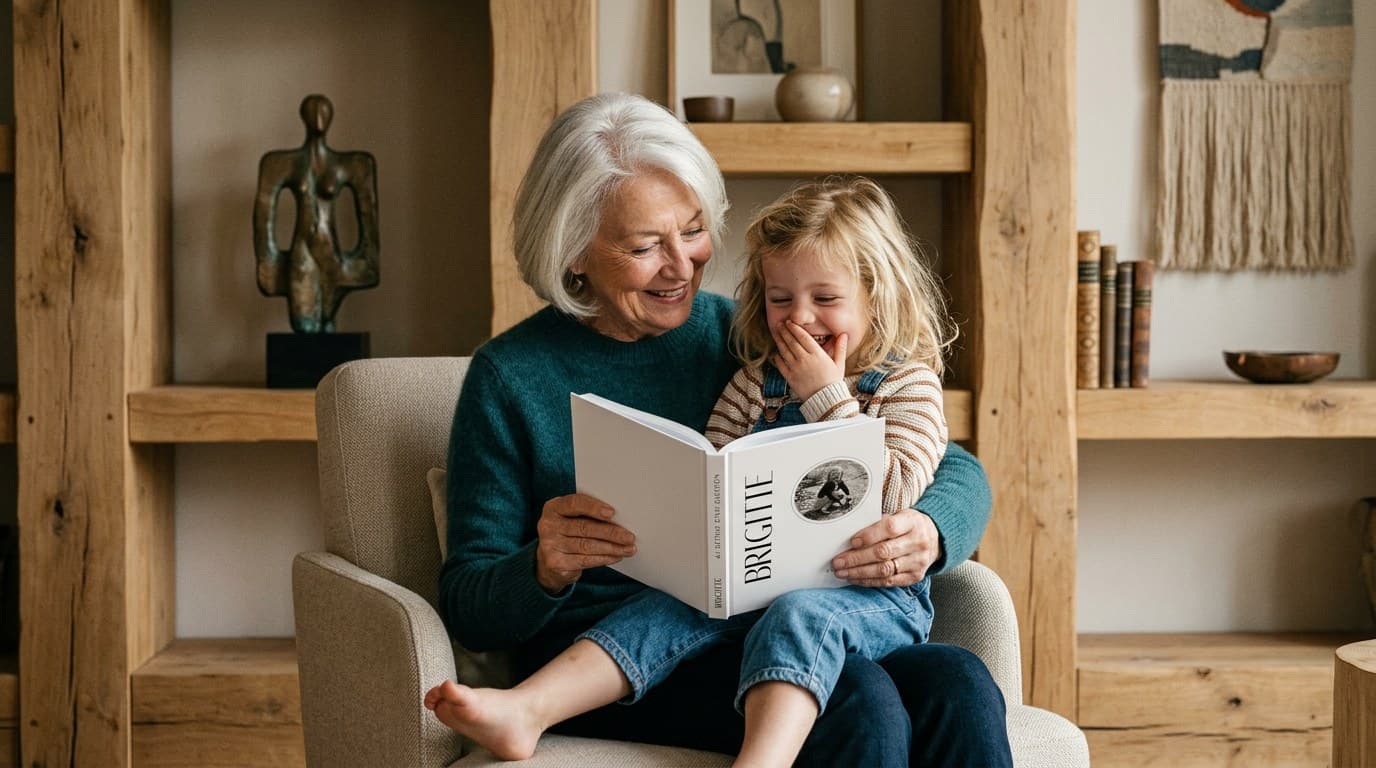 Une grand-mère lit son livre « Brigitte » à sa petite-fille, dans un fauteuil