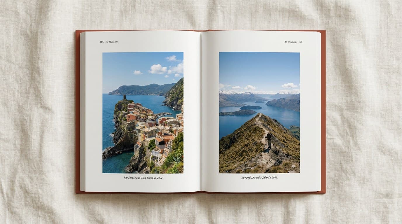 Livre ouvert à plat sur une double page de photos de voyage
