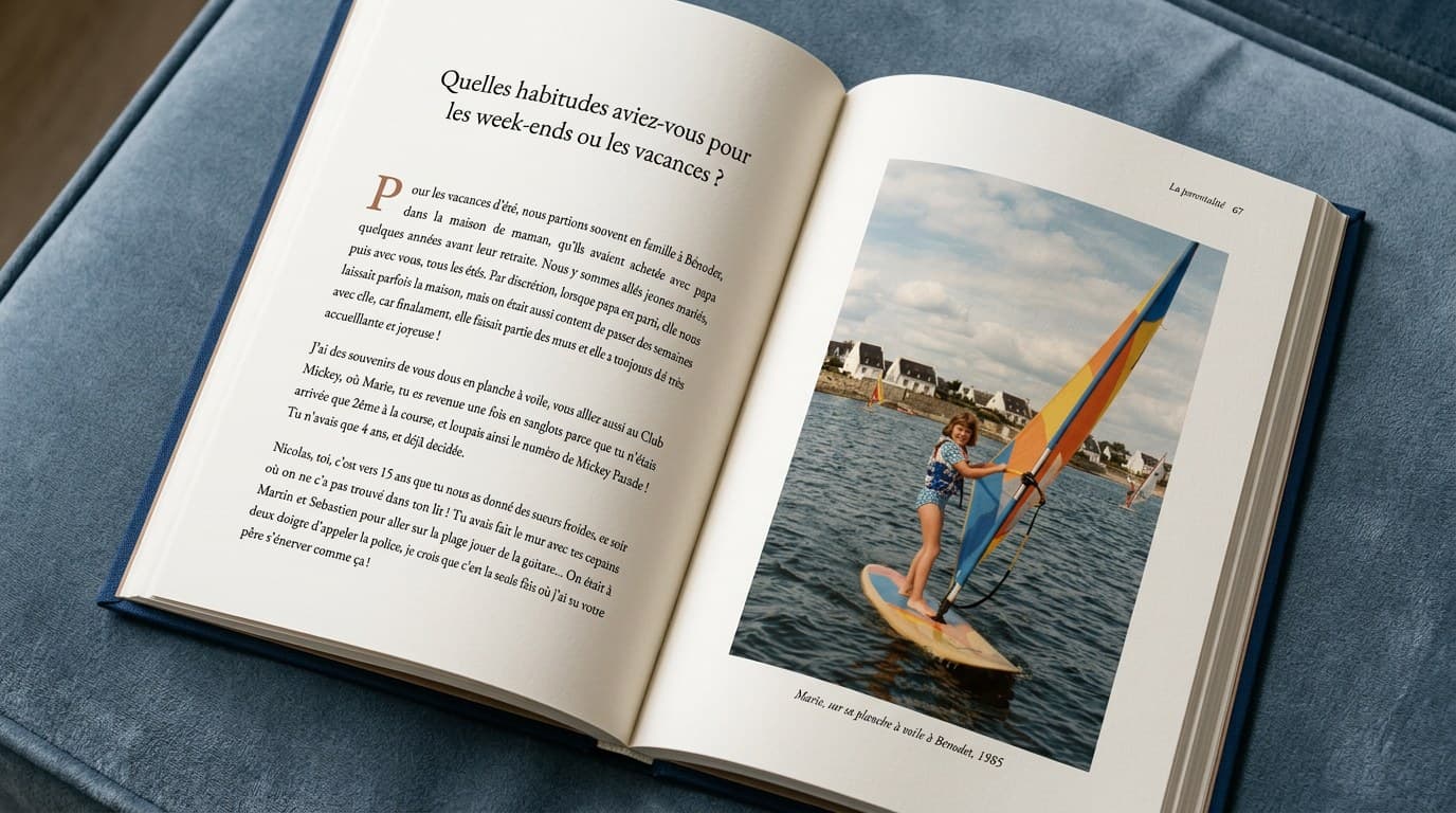 Livre ouvert sur une page d'écriture et une photo d'enfance