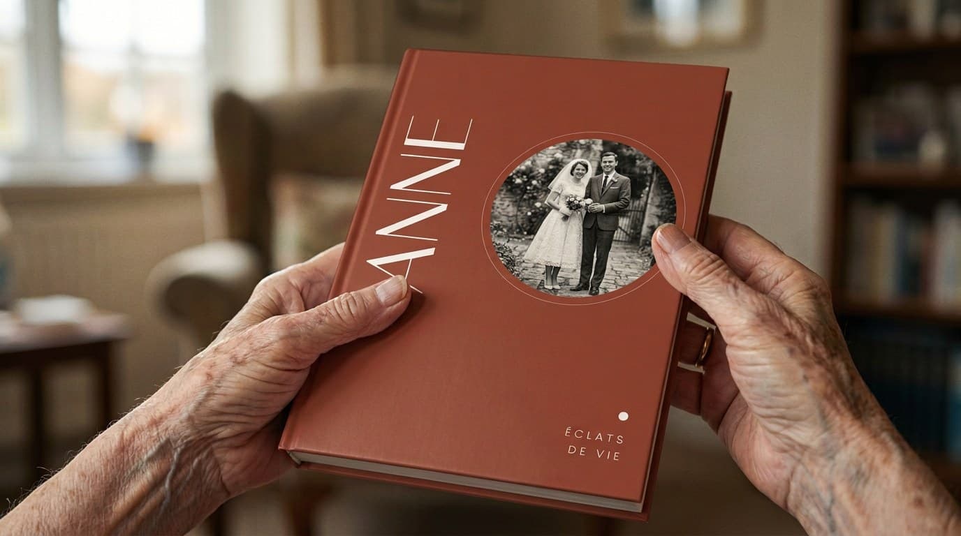 Un livre relié terre cuite tenu entre les mains de son autrice
