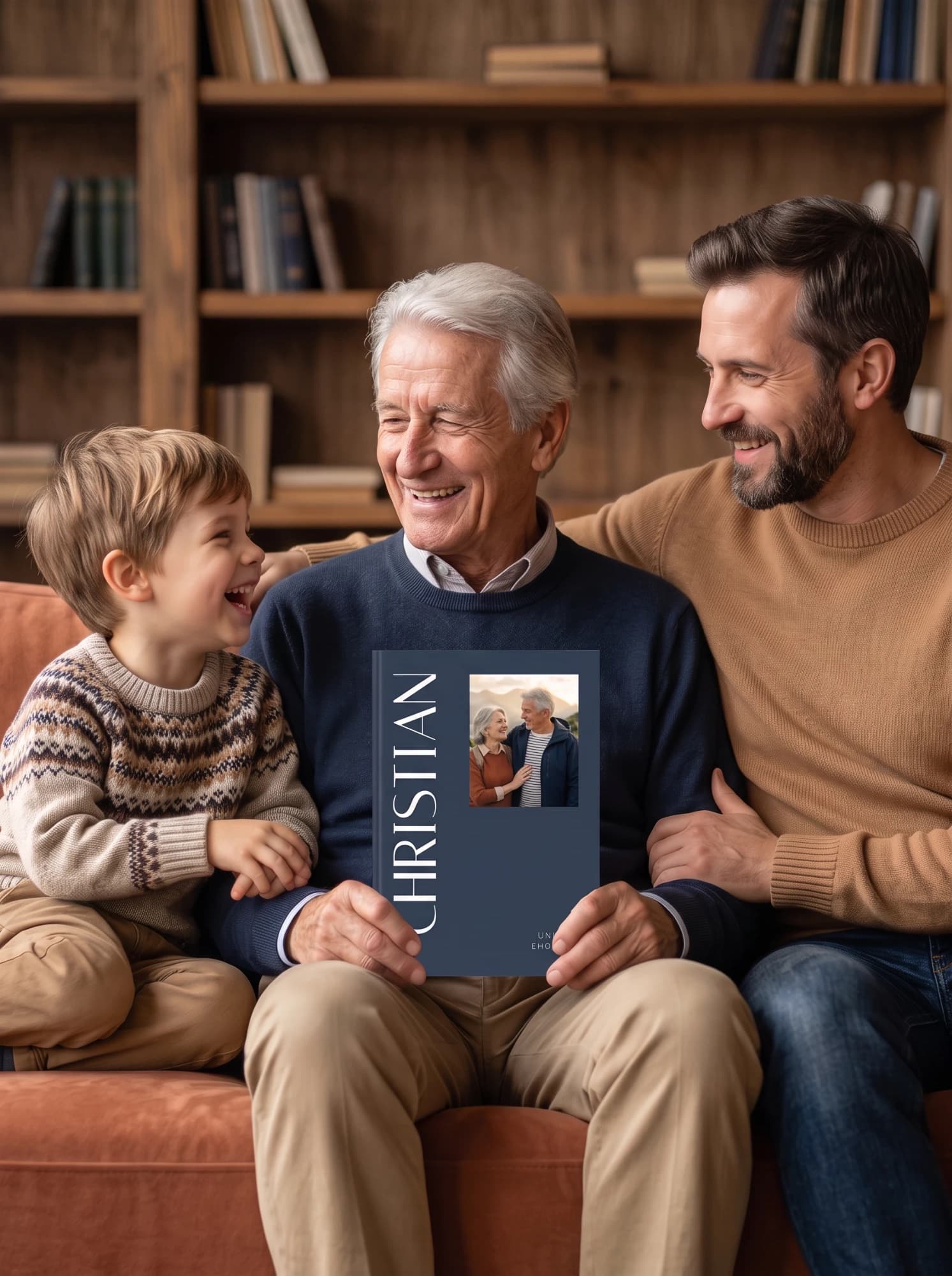 Trois générations rient ensemble autour du livre « Christian », dans le salon familial