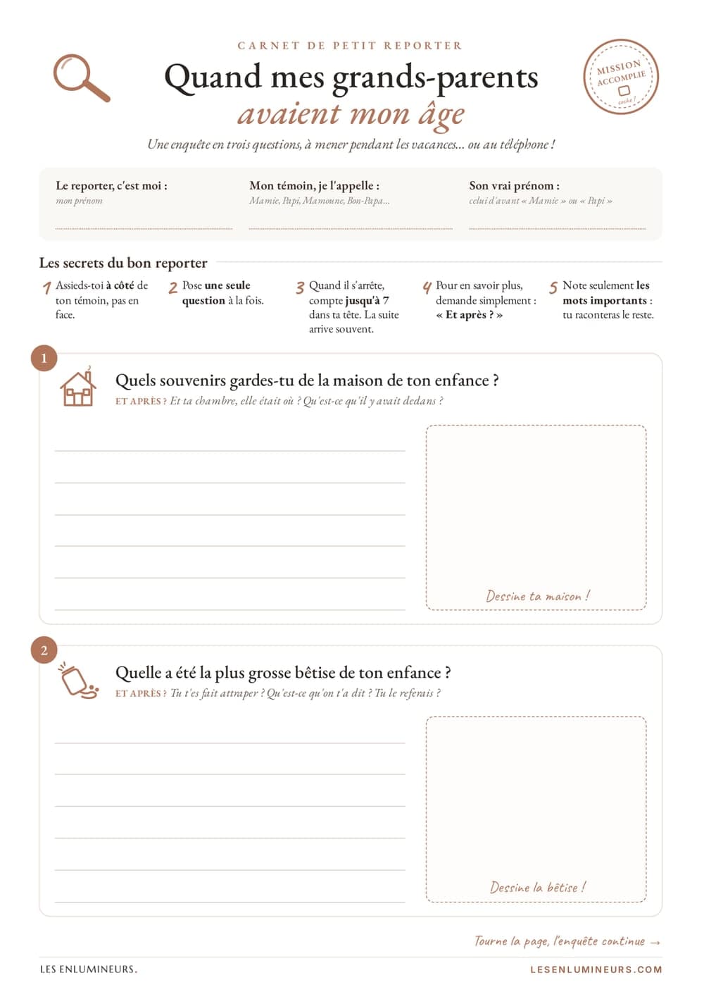 Première page du carnet de petit reporter : les secrets du bon reporter et les deux premières questions