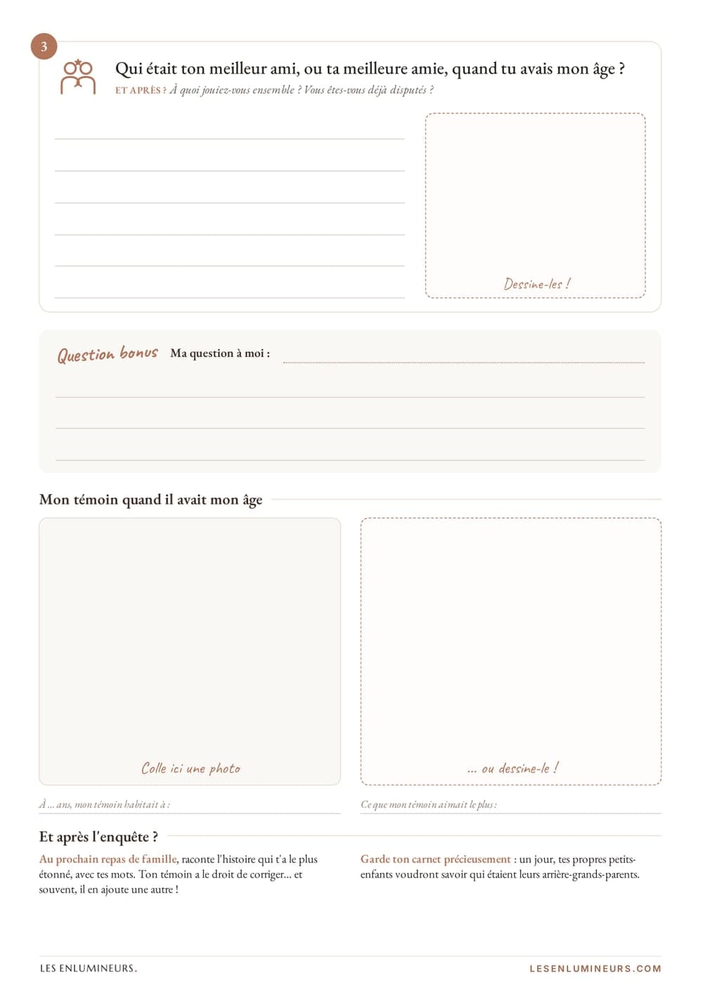 Seconde page du carnet : la troisième question, la question bonus et la place pour une photo