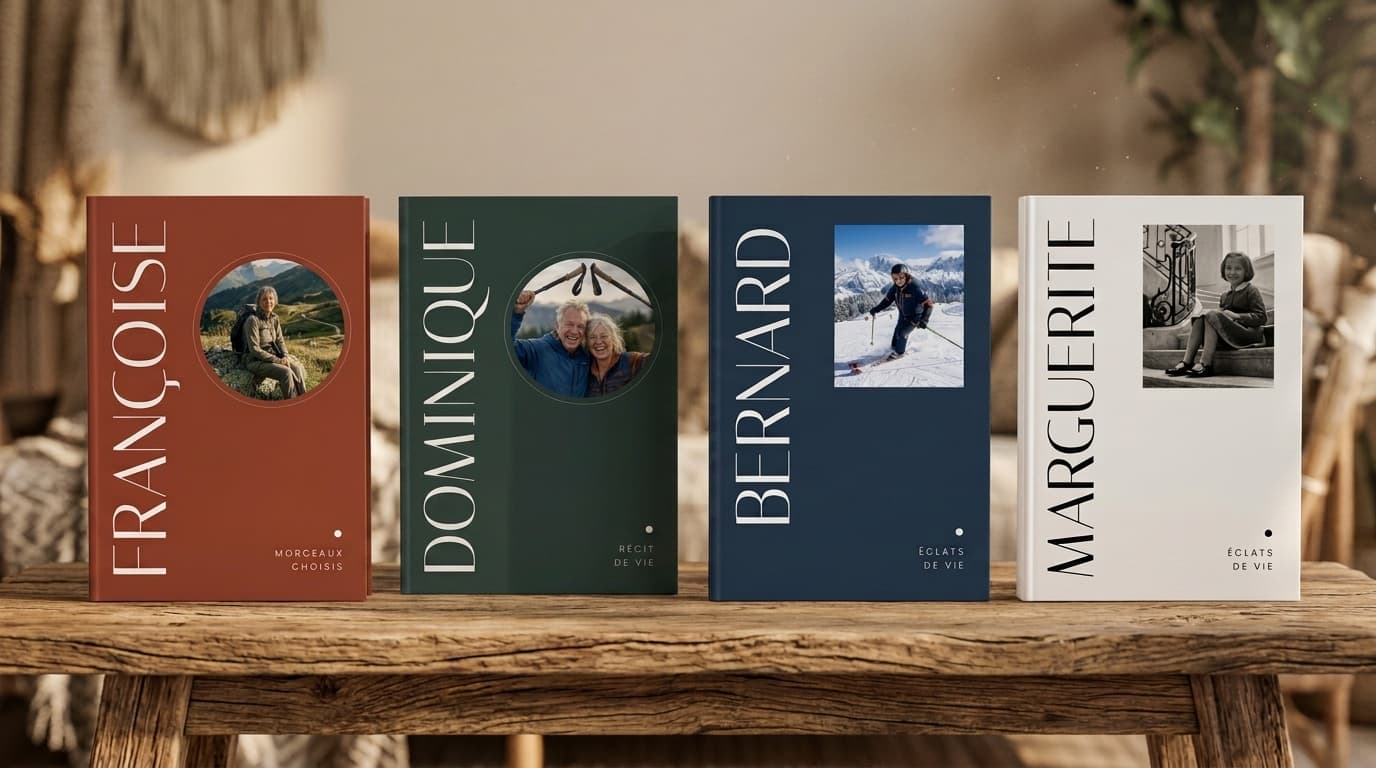 Quatre livres reliés debout sur un banc en bois : Françoise en terracotta, Dominique en vert forêt, Bernard en bleu marine, Marguerite en ivoire